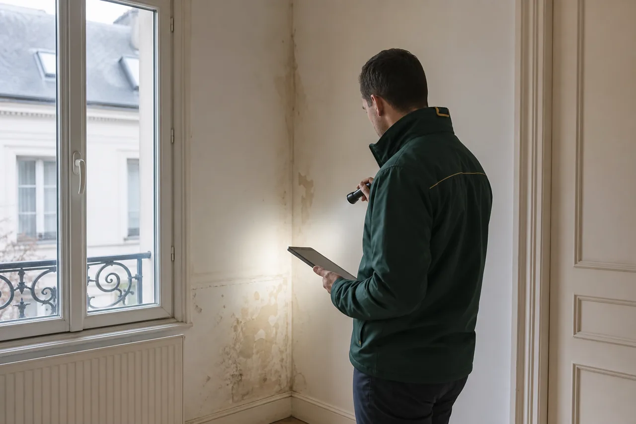 Expert en bâtiment pendant une contre-visite immobilière