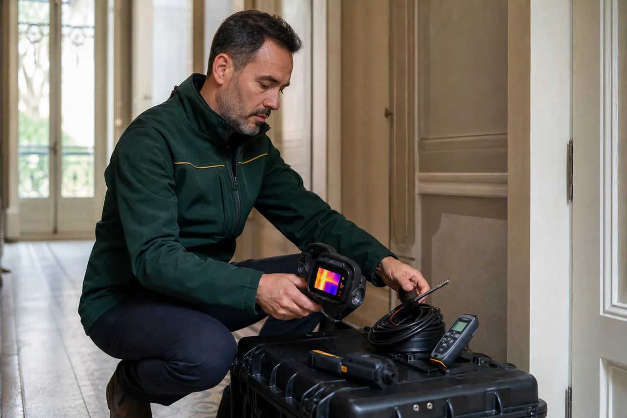 Outils d’inspection utilisés par un expert en bâtiment VeridiQ — Outils d’un expert en bâtiment : thermique, endoscope, humidimètre