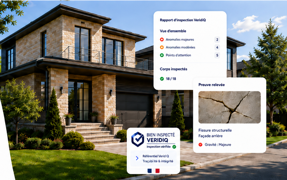 Maison VeridiQ avec aperçu du rapport, preuve relevée et badge Bien inspecté VeridiQ
