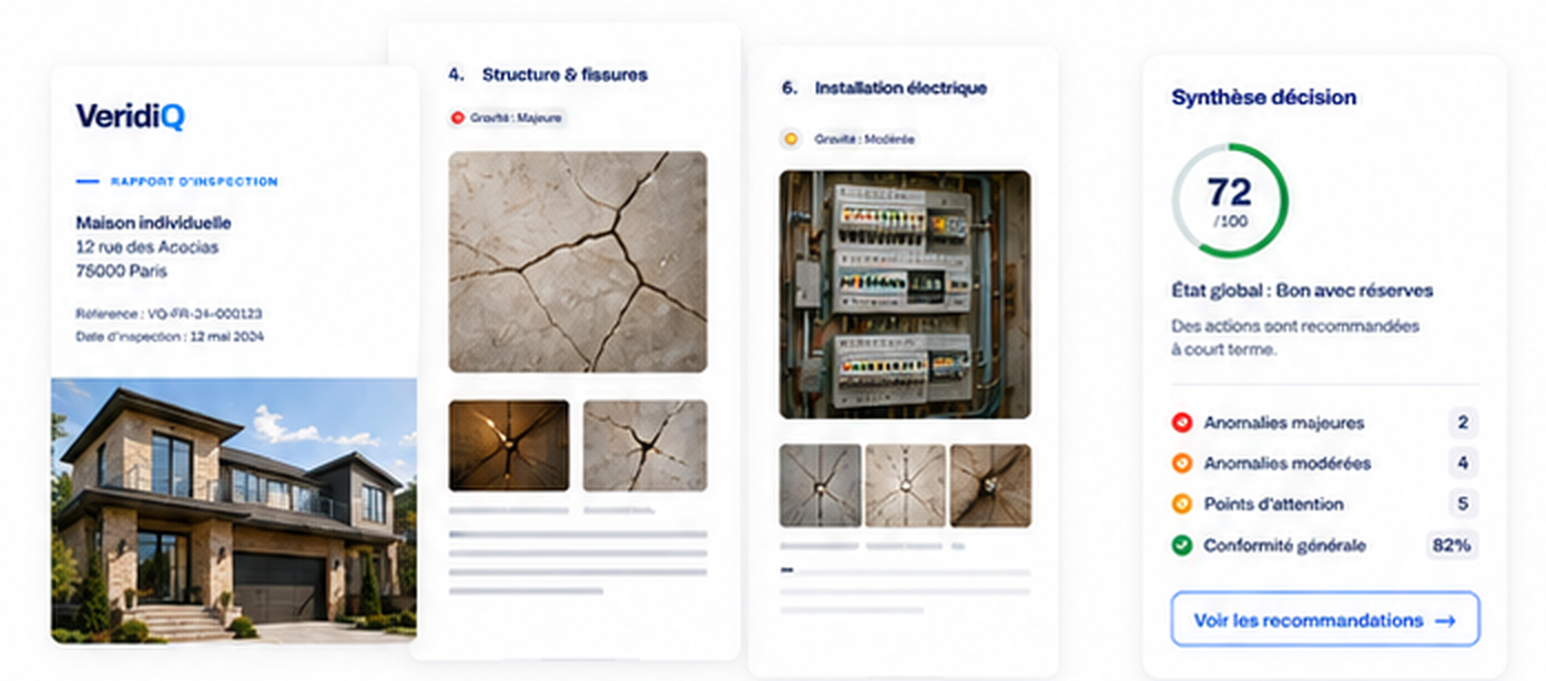Pages du rapport VeridiQ : couverture, structure, électricité et synthèse décision. Visuel illustratif